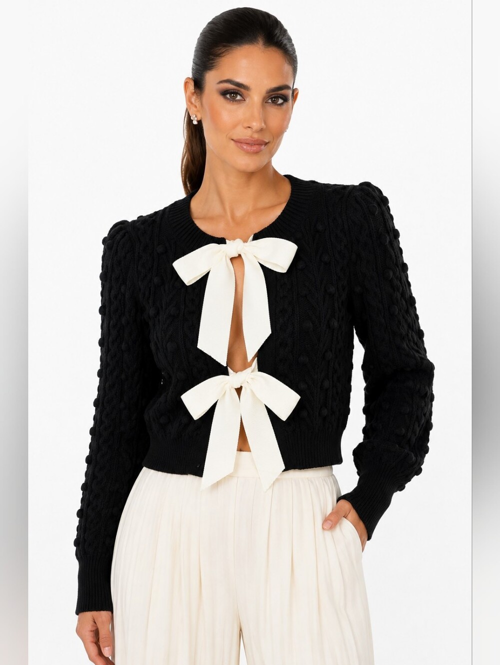 Alice + Olivia Kitty Puff Sleeve Bauble Cable Knit Bow Cardigan Black White L